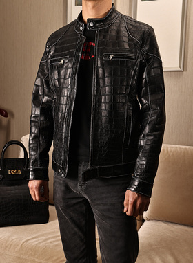 ARESGATOR秋冬新款南美鳄鱼皮夹克休闲立领修身男士真皮皮衣外套