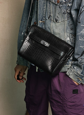 Kelly Messenger27小号邮差包，黑色鳄鱼皮，银扣实拍现货