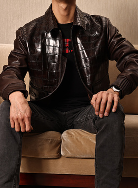 ARESGATOR秋冬新款鳄鱼皮夹克商务休闲翻领拼接男士真皮皮衣外套