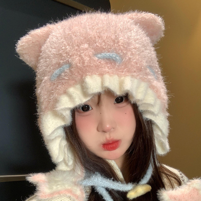 可爱星星小熊毛绒针织帽子女冬季