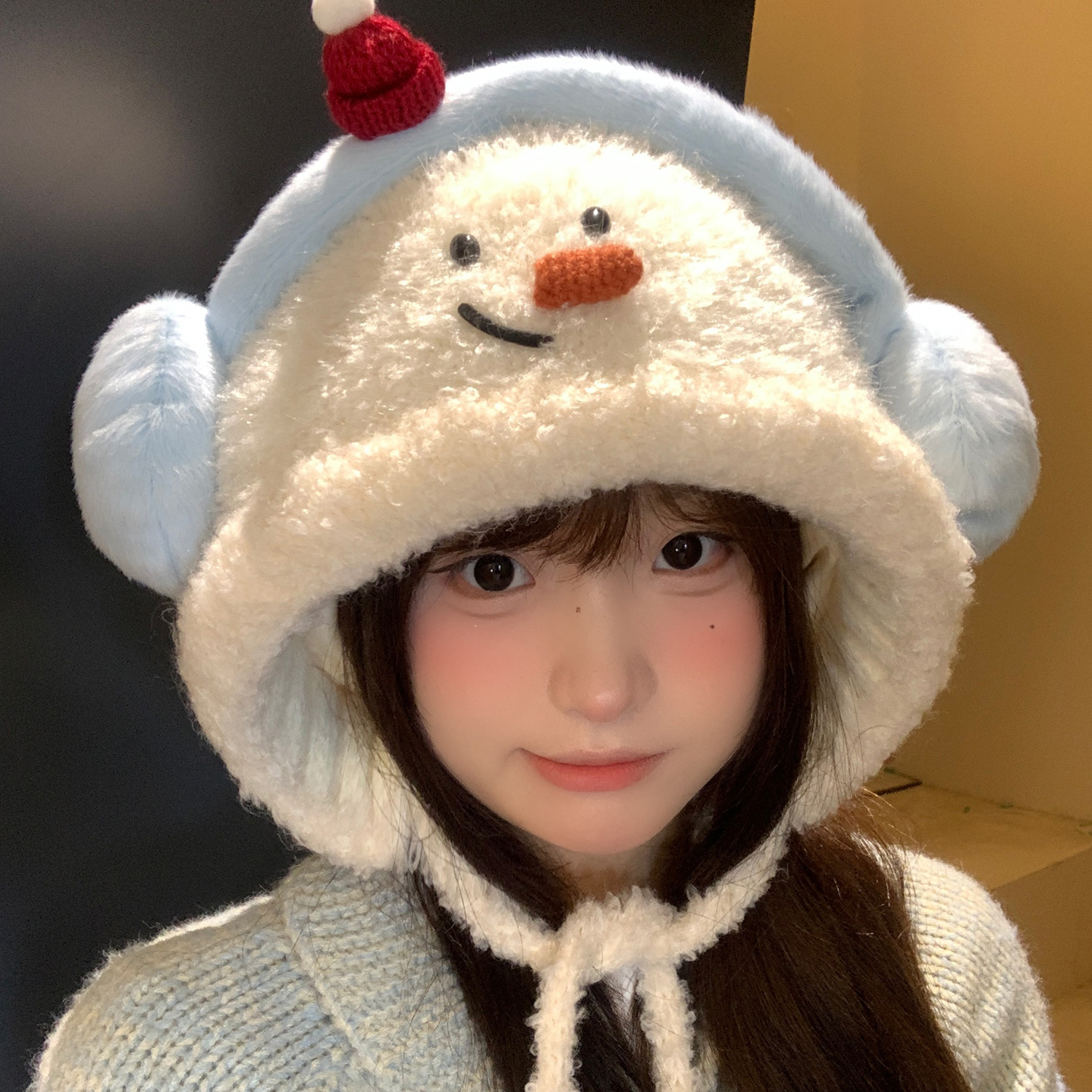 可爱雪人毛绒针织护耳帽女冬季