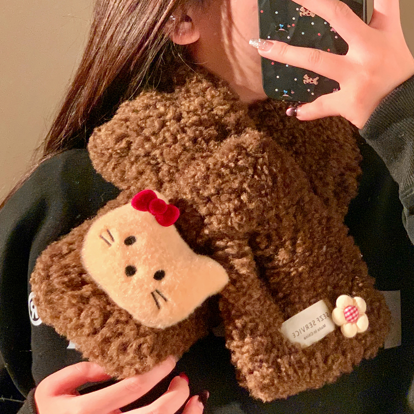 可爱kitty猫羊羔毛绒交叉围脖女冬季加厚保暖防寒护颈小围巾学生