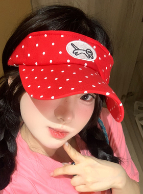 韩系红色波点小猫空顶防晒帽女夏季户外运动百搭显脸小遮阳太阳帽