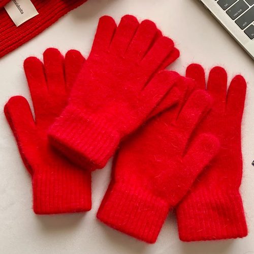 新年红色兔毛针织五指手套女冬季加绒加厚保暖防冻寒学生骑行分指