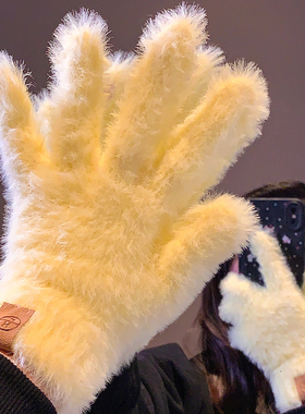 简约黄色毛线针织五指手套女冬季加绒加厚保暖防寒学生骑行可触屏