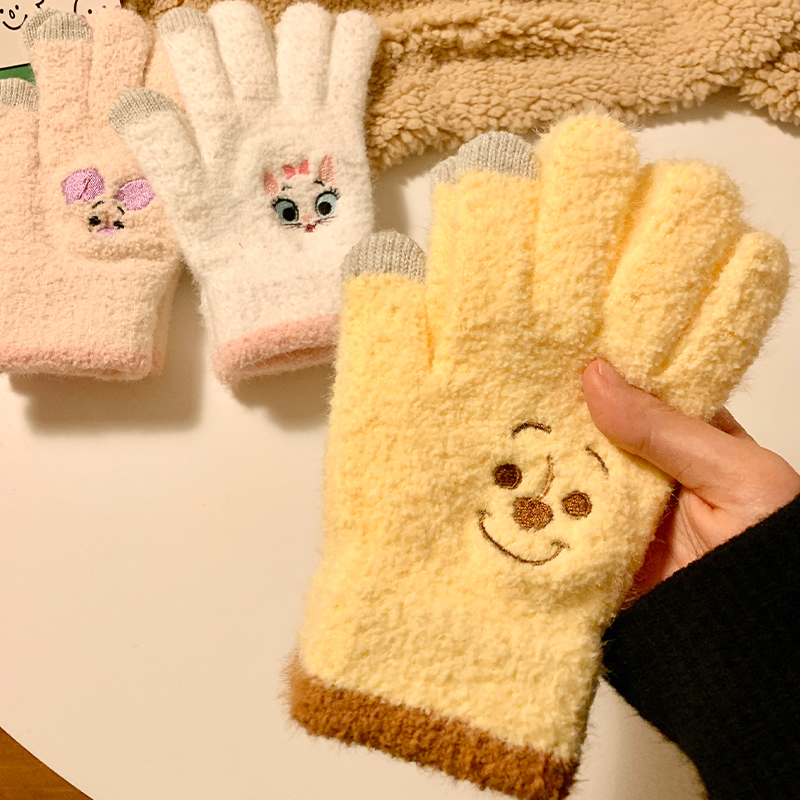 可爱黄色小熊毛线手套可触屏五指