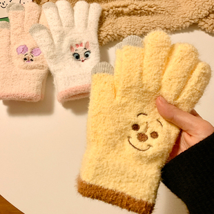 可爱黄色小熊针织毛线手套女冬季 学生可触屏五指加厚防风保暖骑行