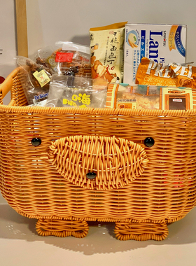 可爱小熊仿藤编收纳筐家用大容量桌面零食玩具杂物整理盒编织篮子