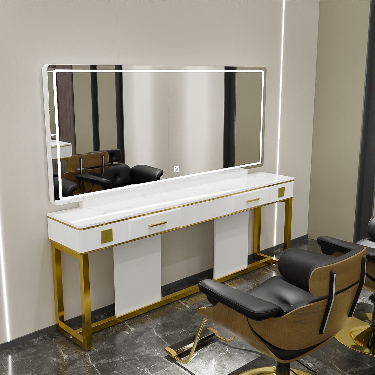 网红理发店镜台可移动不靠墙大通镜子柜子一体带灯烫染剪发镜子
