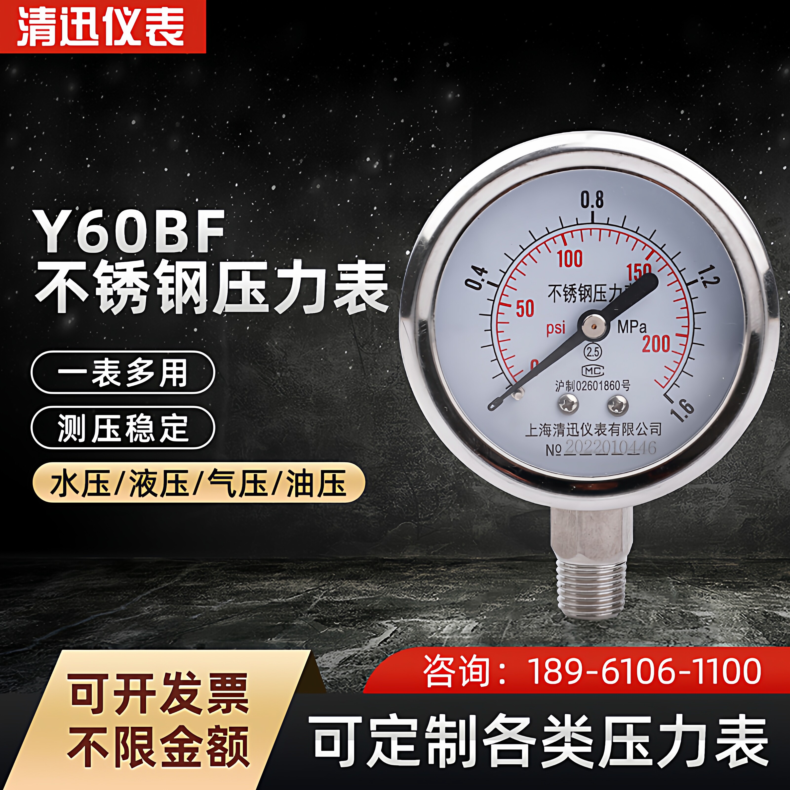 Y60BF不锈钢压力表径向耐腐蚀