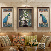 饰画美式 嗅色欧式 客厅孔雀三联组合装 新古典沙发背景墙挂画壁画