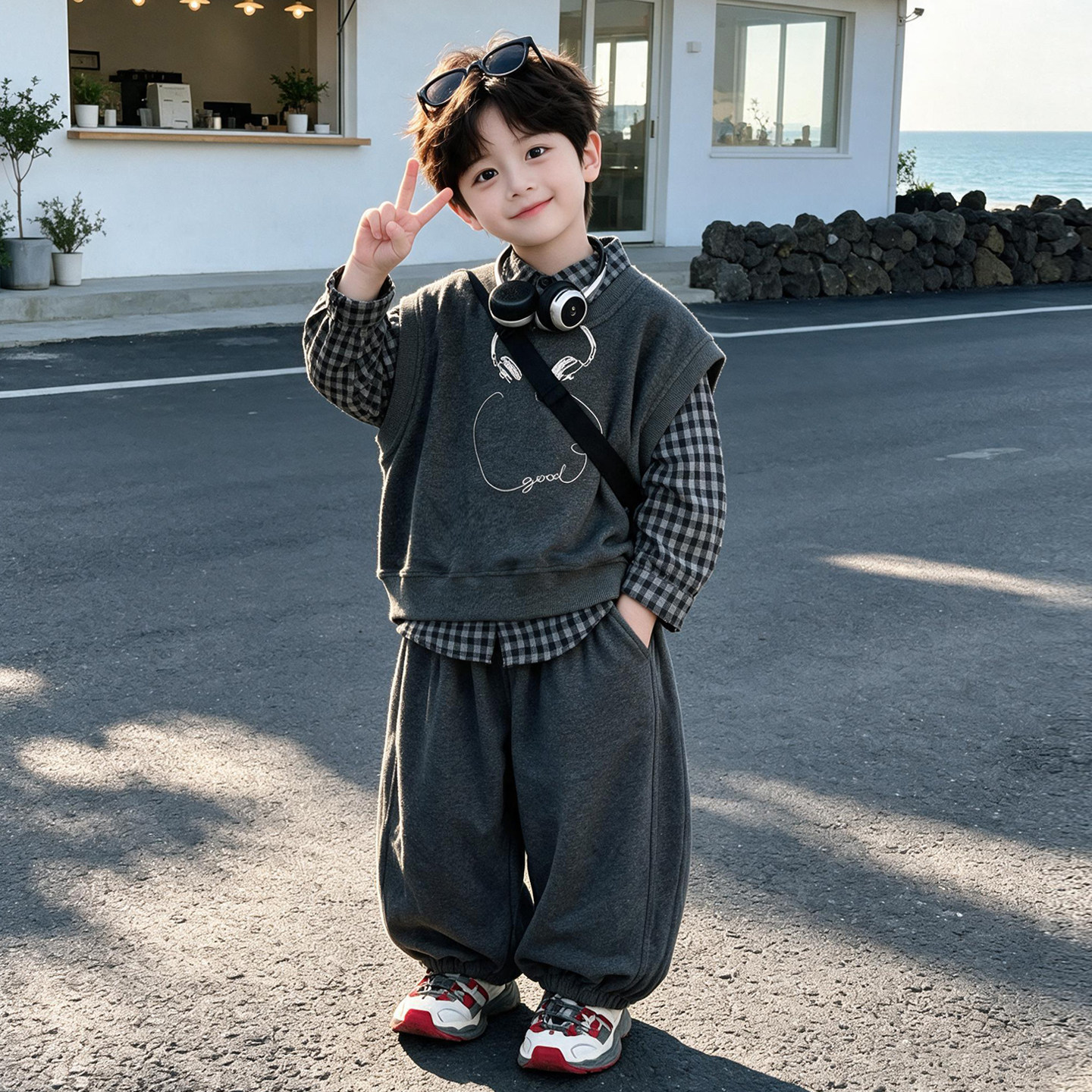2026新款男童秋季套装超好看宝宝格子衬衫马甲炸街帅气春秋三件套