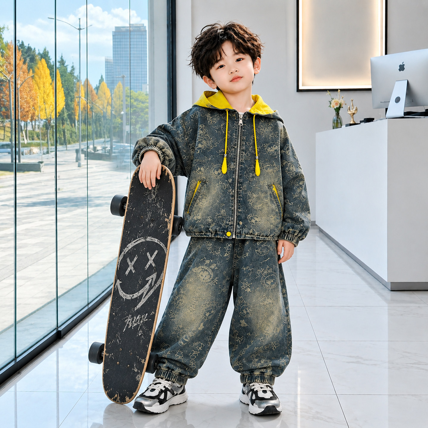 男童套装秋季儿童牛仔衣服2026新款帅气连帽男孩宝宝春秋款两件套