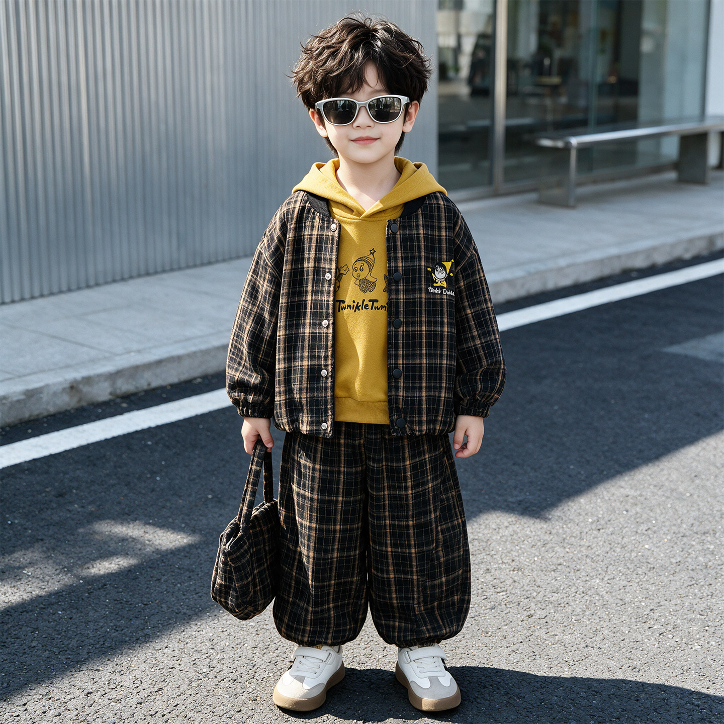 男童春秋季套装2026新款格子棒球服外套男孩卫衣宝宝三件套潮酷帅