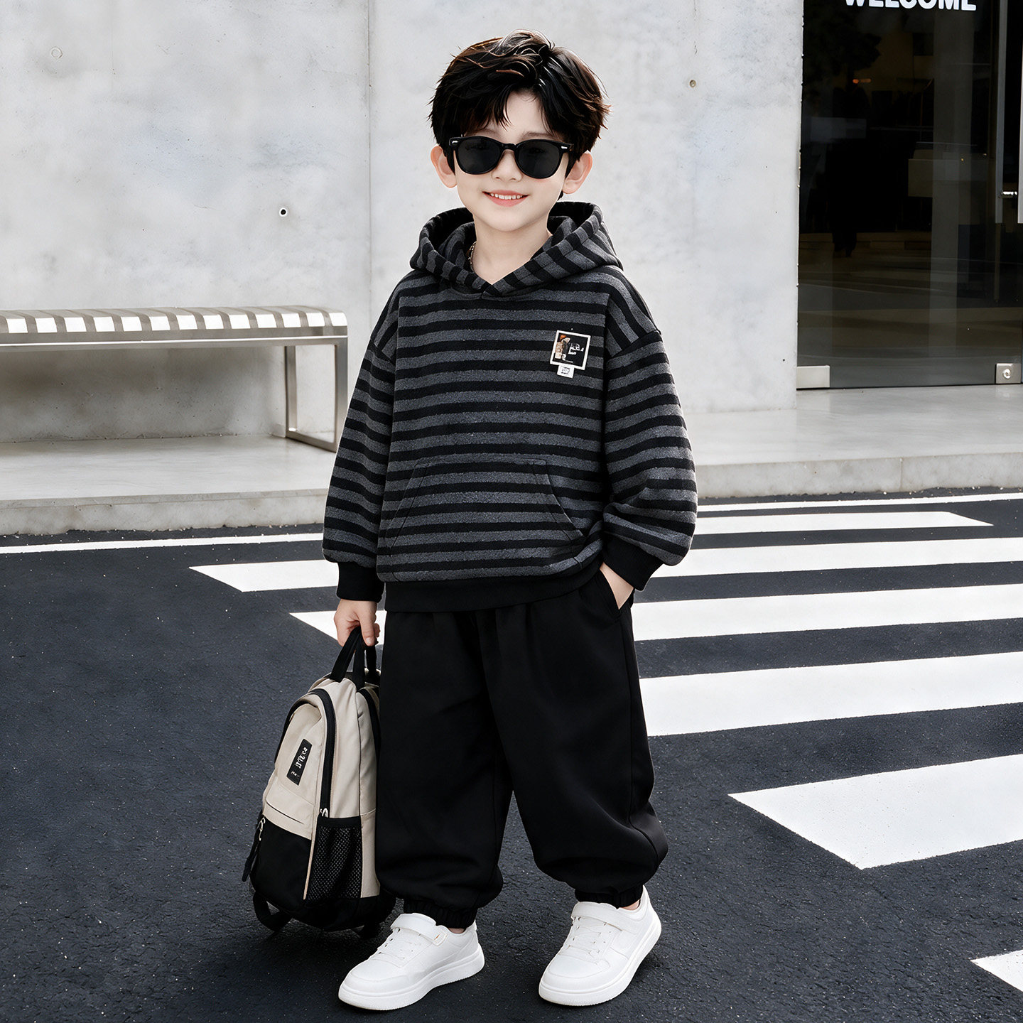 男童秋季韩版套装新款儿童春秋装衣服帅气时尚条纹连帽卫衣两件套