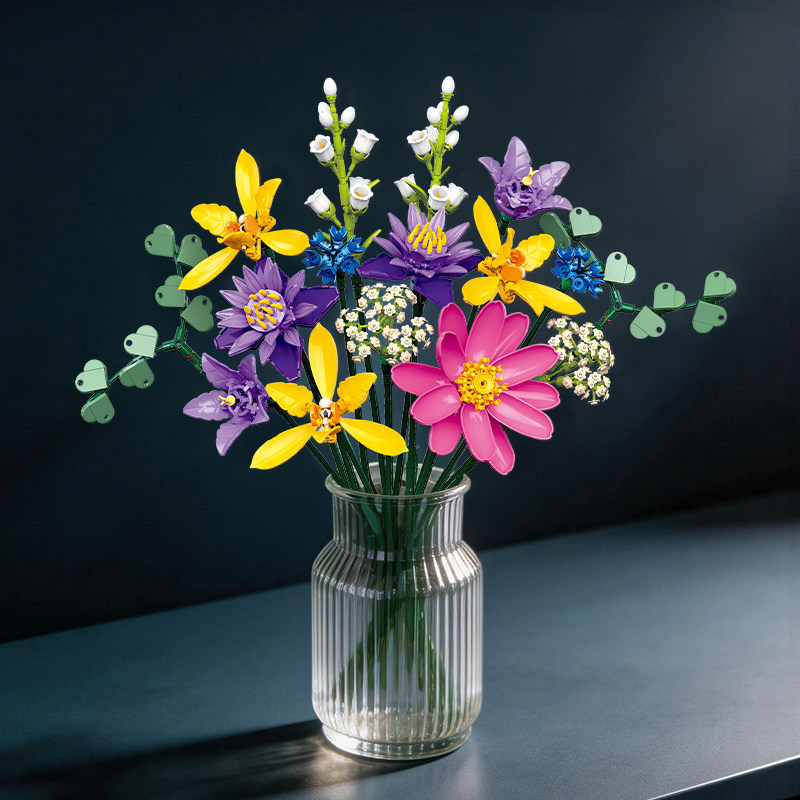 杰星积木花芍药兰花睡莲模型摆件儿童益智小颗粒拼装玩具创意礼物