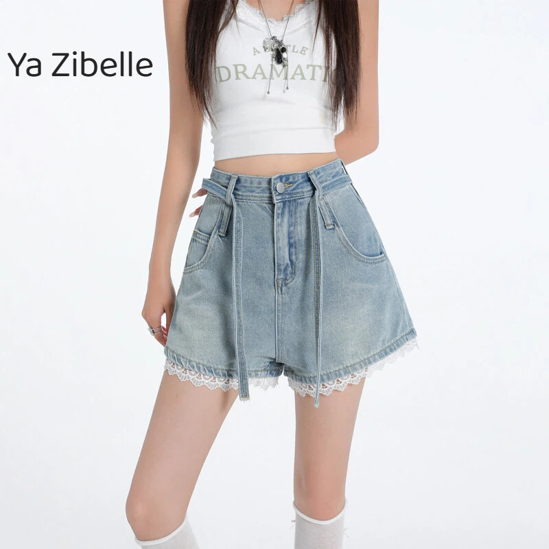 夏季高腰蕾丝系带牛仔短裤女