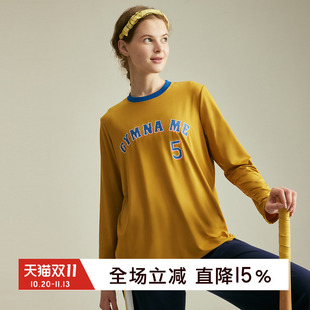 gymna运动T恤美式复古风中长款罩衫黄色速干长袖弹力撞色圆领上衣