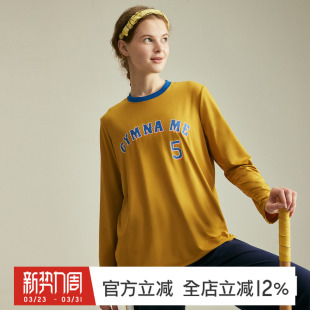 黄色速干长袖 罩衫 弹力撞色圆领上衣 复古风中长款 gymna运动T恤美式