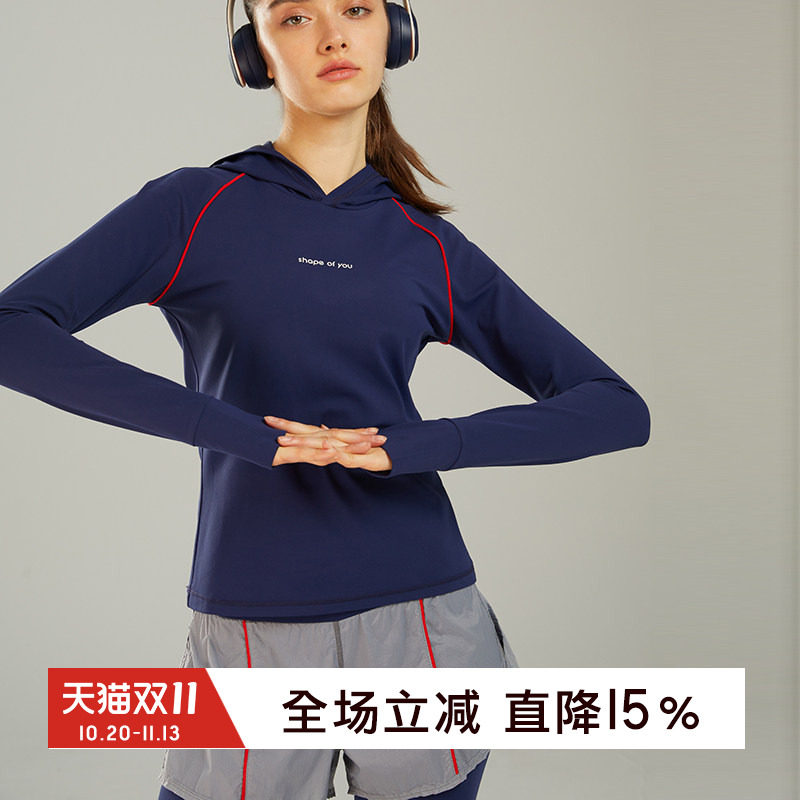 gymna复古学院风女长袖运动休闲健身衣连帽修身跑步上衣训练服春