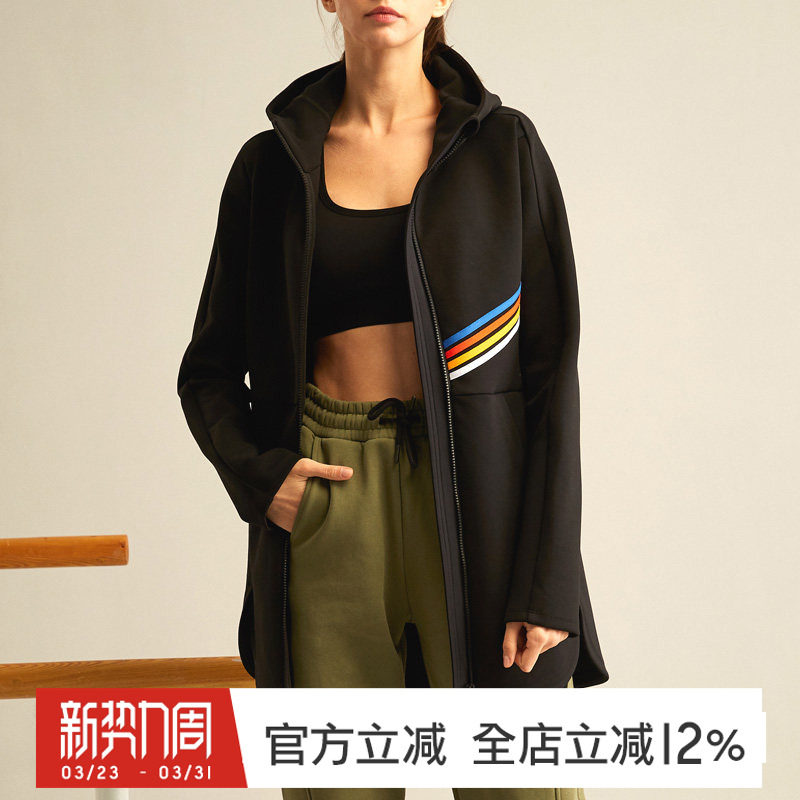 gymna复古春季女子长款遮臀大外套2023经典运动针织连帽厚拉链衫