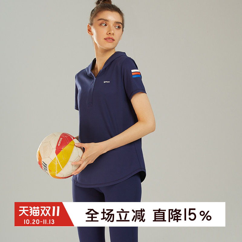 gymna复古学院风女健身瑜伽服修身显瘦跑步休闲服短袖连帽T恤春夏