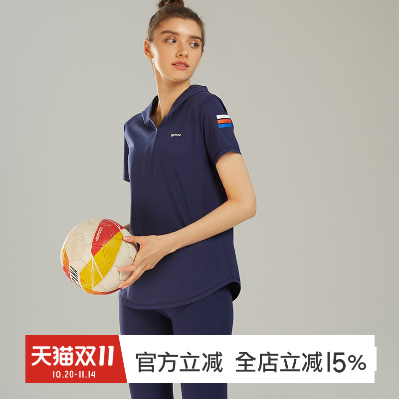 gymna复古学院风女健身瑜伽服修身显瘦跑步休闲服短袖连帽T恤春夏