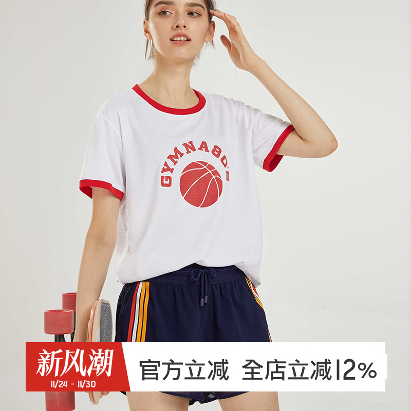 gymna复古学院风宽松瑜伽上衣女透气运动大码t恤跑步短袖健身服夏