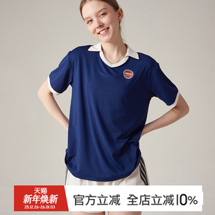 gymna复古运动T恤短袖 翻领速干训练服学院风上衣 女宽松休闲polo衫