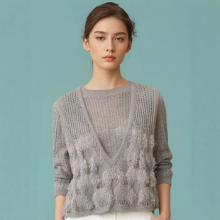 新款V领拉绒无袖针织马甲百搭坎肩女