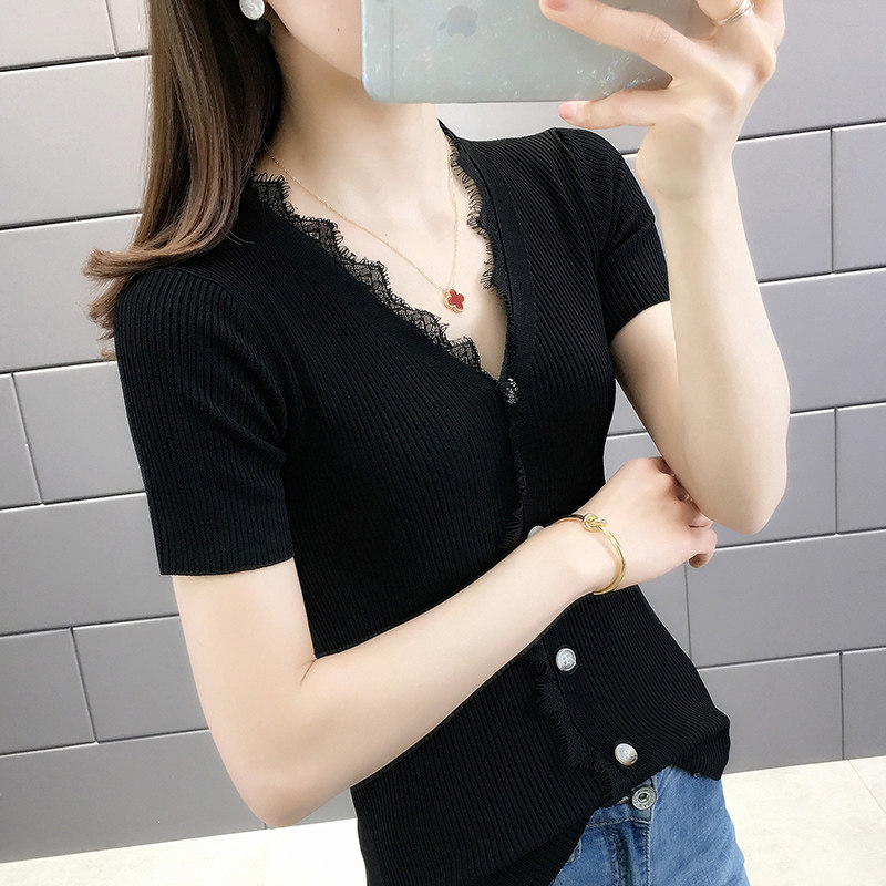冰丝V领蕾丝拼接纽扣短袖针织衫女T恤衫夏季新款修身显瘦上衣