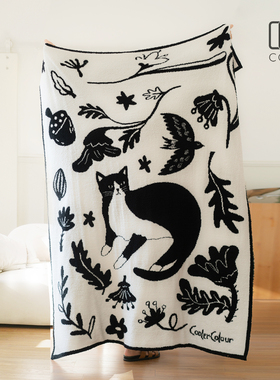 Coolercolour原创森林猫咪黑白双面加厚半边绒盖毯针织沙发毛巾毯