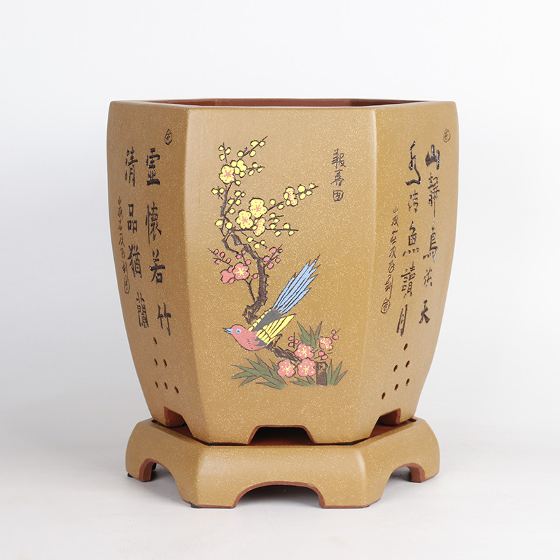 蔓木人紫砂宜兴紫砂花盆大兰花盆手工精品刻绘点彩桌面建兰六方盆