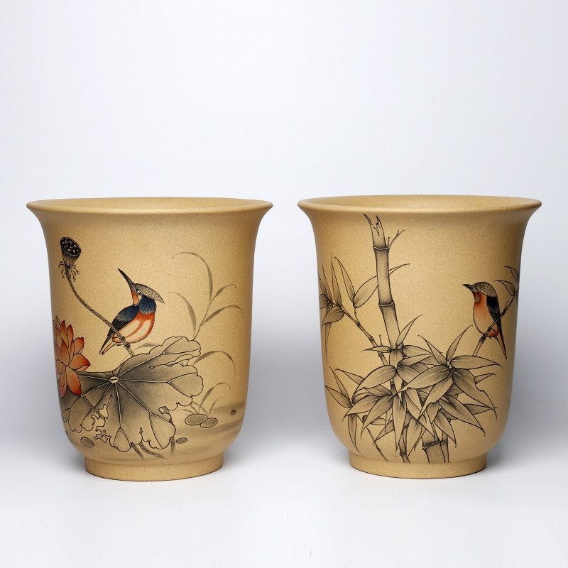 蔓木人紫砂宜兴紫砂花盆大兰花盆精品彩色墨绘圆口金钟桌面黄段泥