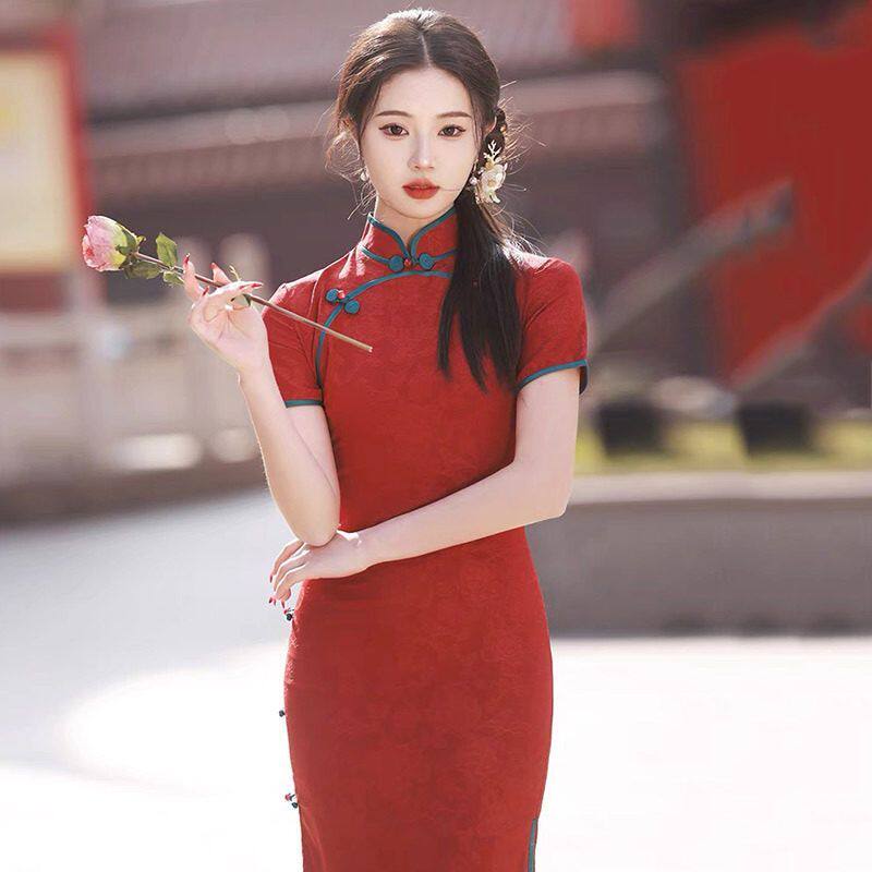 红色长款改良旗袍新款2025年轻款女复古修身新娘敬酒服连衣裙夏季