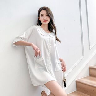 长款白衬衫短袖女性感薄款睡衣睡裙夏款家居服娃娃领风冰丝男友