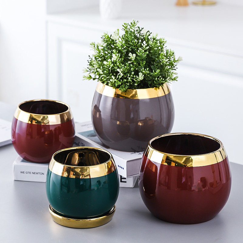 北欧轻奢陶瓷花盆创意球形金边电镀祖母绿绿萝多肉蝴蝶兰简约欧式