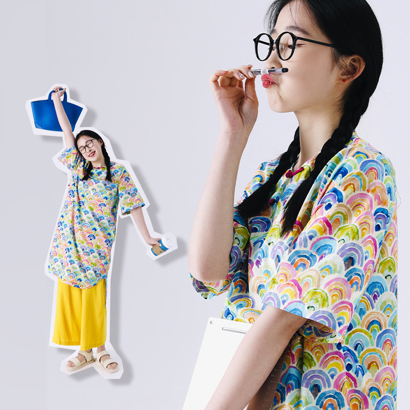 不蔓不枝【周五】彩虹印花纯棉改良旗袍连衣裙文艺复古陈思斯同款