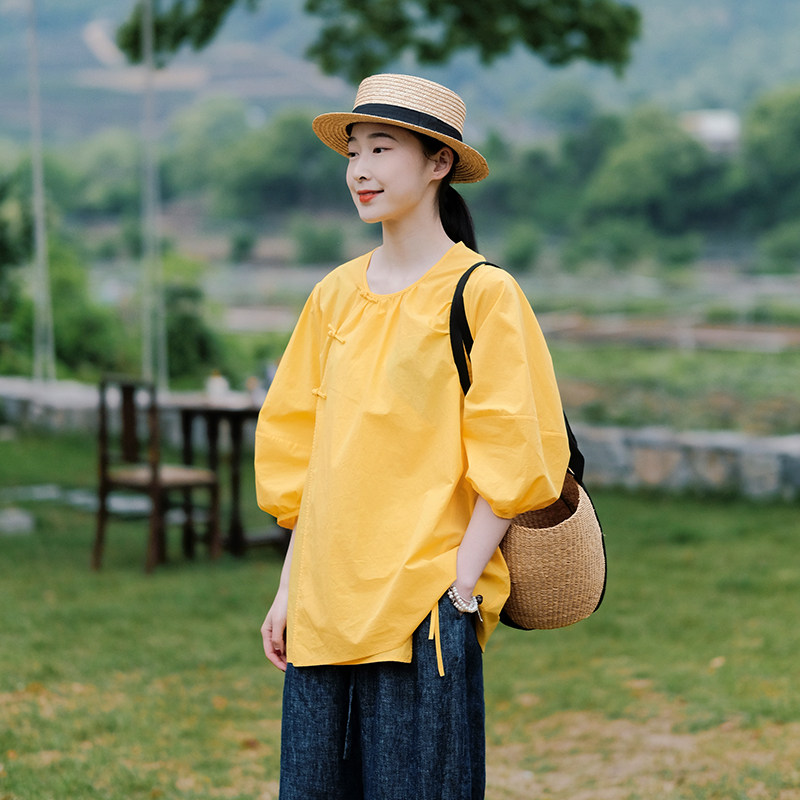 不蔓不枝【馥郁】中式纯棉灯笼袖衬衣短上衣圆领复古文艺纯色春夏
