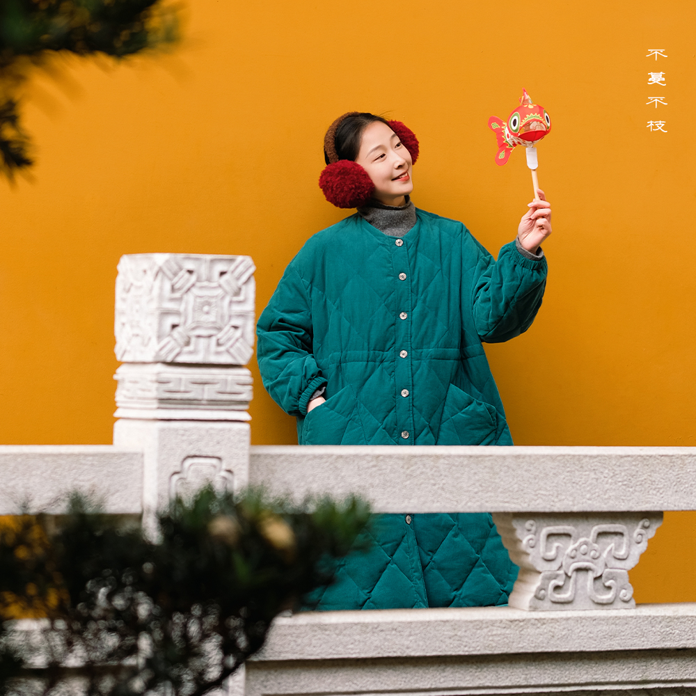 不蔓不枝【青山】纯棉灯芯绒95白鸭绒羽绒服中长款圆领保暖冬季