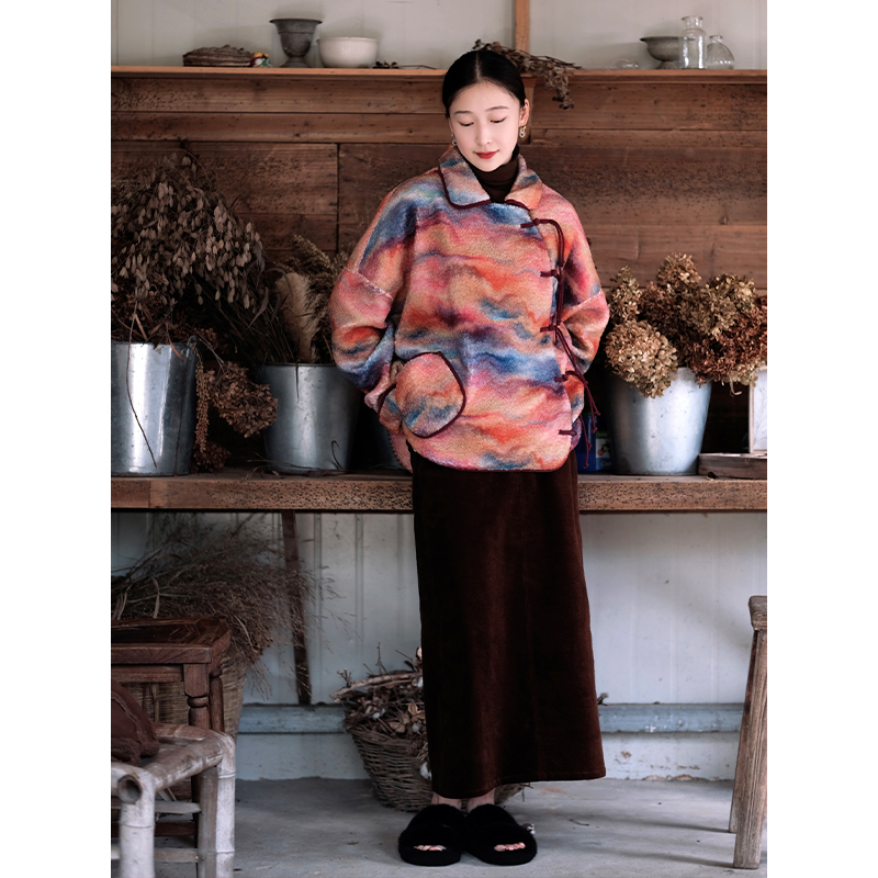 不蔓不枝【旖旎】羊羔毛印花改良中式外套文艺复古毛呢宽松百搭冬