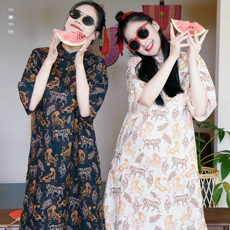 不蔓不枝【踏山河】文艺复古纯棉老虎印花连衣裙立领复古原创夏季,女装/女士精品,连衣裙,淘宝优惠券,粉丝福利购,淘宝优惠卷