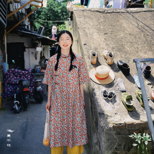 复古文艺碎花喇叭袖 纯棉改良旗袍连衣裙宽松款 梅子粉 不蔓不枝