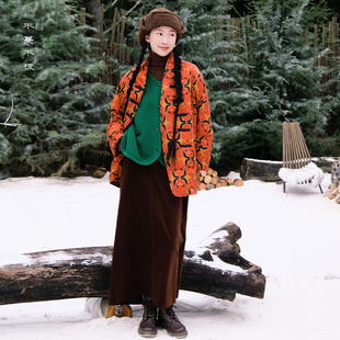 香云纱羽绒衣95白鸭绒加厚保暖盘扣真丝印花冬季 不蔓不枝 朱颜