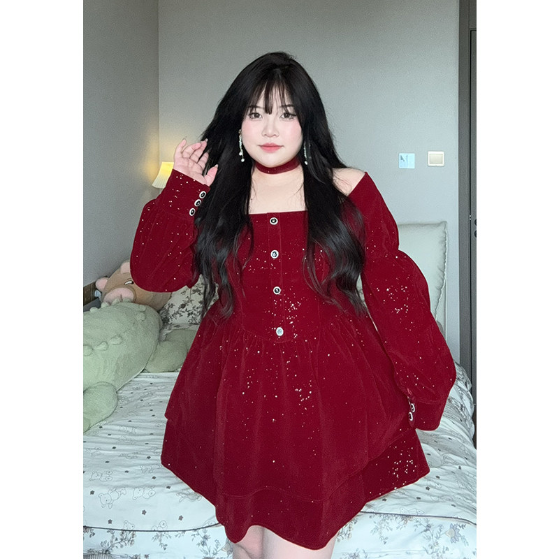 红色泡泡袖连衣裙法式图片