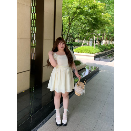 dese嘚瑟软糖大码方领一字肩两穿裙生日礼服裙气质收腰公主连衣裙