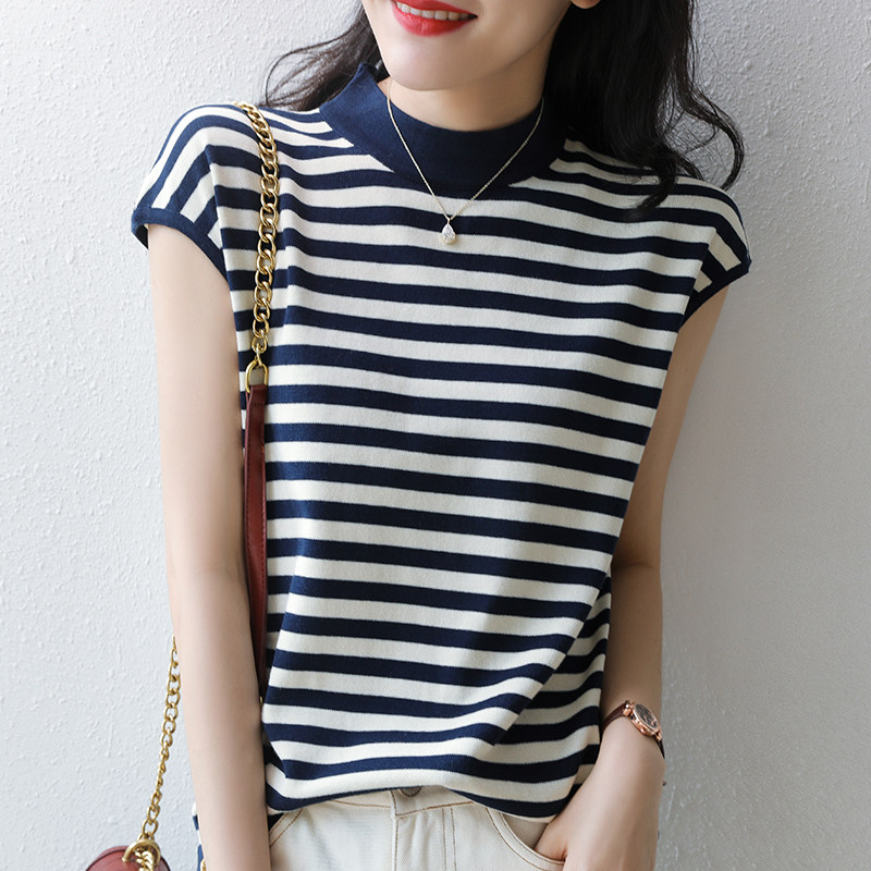 条纹t恤女纯棉20夏装韩版新款宽松上衣百搭圆领薄款棉麻针织短袖