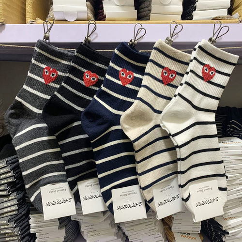 韩国进口条纹中筒棉袜女袜子