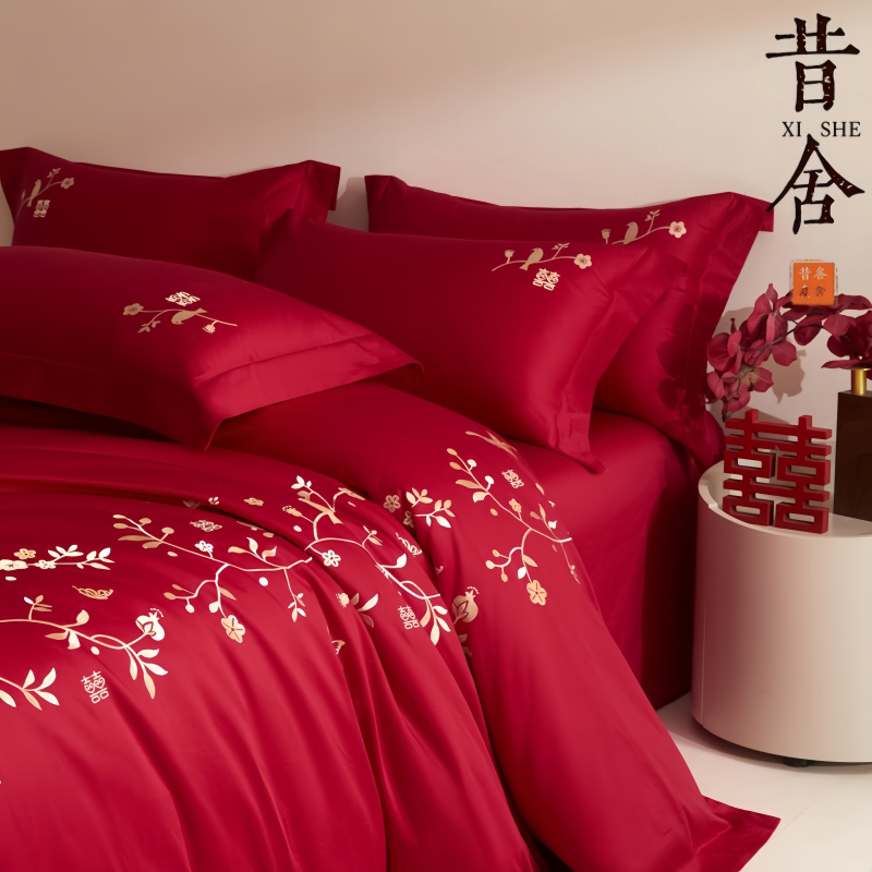 婚庆四件套100S长绒棉全棉纯色重工花鸟刺绣新婚纯棉陪嫁床上用品