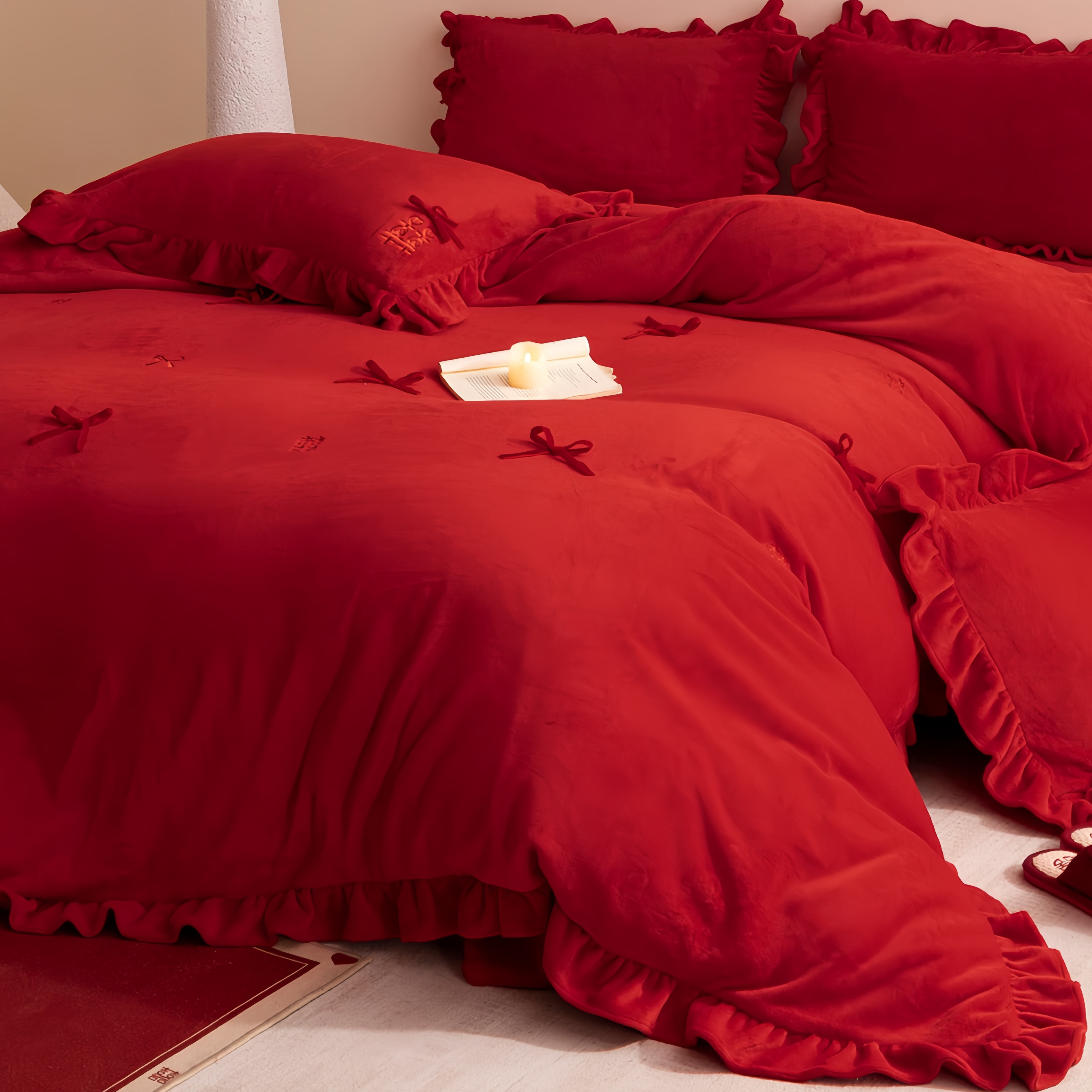 立冬款加厚牛奶绒四件套红色婚庆花边新婚陪嫁被套床单珊瑚绒套件